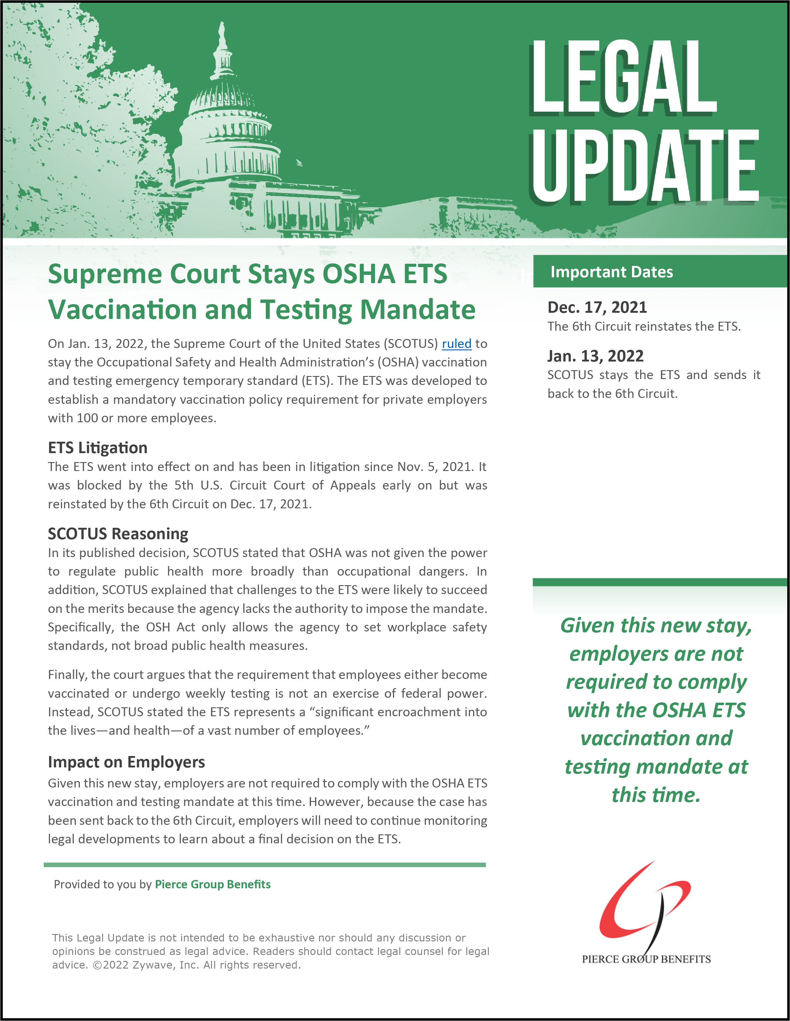 Supreme Court Stays OSHA ETS Pierce Group Benefits 