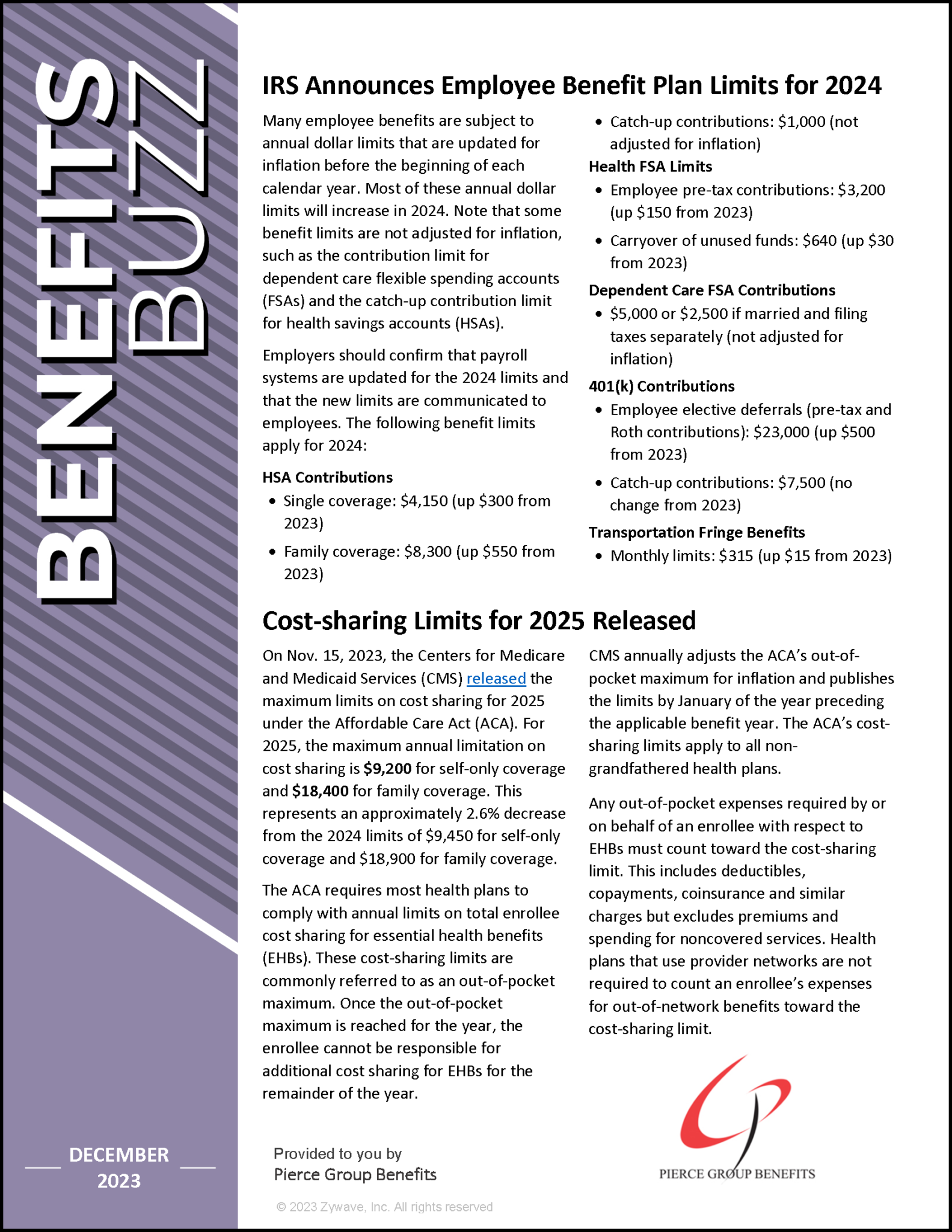 Benefits Newsletter Irs Announces Employee Benefit Plan Limits For 2024 • Pierce Group Benefits